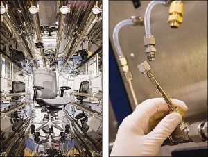 At left, a chair is tested in a dynamic environmental chamber. Sorbent tubes (at right) attach to the chamber, collecting VOCs for identification and measuring. Photos courtesy Air Quality Sciences