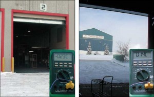 These two images illustrate the effectiveness of the air barrier in action at –23 C (–9.4 F). After one hour with the door left open, the set point temperature in the building has only dropped two degrees.