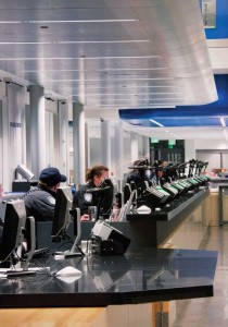 Customs agents inside the main building at the U.S. Border Patrol station. The interior lighting recessed into ceilings is highly energy-efficient.