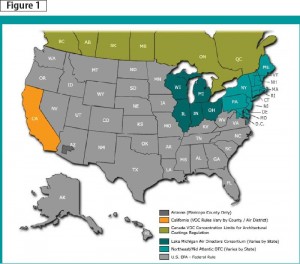 Volatile organic compound (VOC) restrictions across North America.