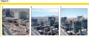 Construction progress of the towers and the CityCenter project: May 2007, March 2008, and August 2008. Photos courtesy Perini Building Company