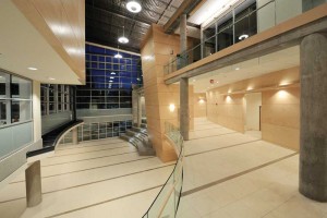 The main lobby of the University of British Columbia Okanagan (UBCO) Fipke Centre. Along with the adjacent Arts & Sciences Building, the Kasian project is regarded as a benchmark for sustainable design for university campuses worldwide.