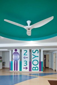 A high-occupancy lobby in a Singapore boy’s school uses a fan with a permanent toroid magnet, which is more efficient than the electromagnet used in most motors.