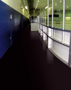 This hockey arena uses athletic flooring made from recycled rubber. 