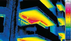 Conductive heat escapes from concrete balconies when the design does not take special measures to curtail this loss.