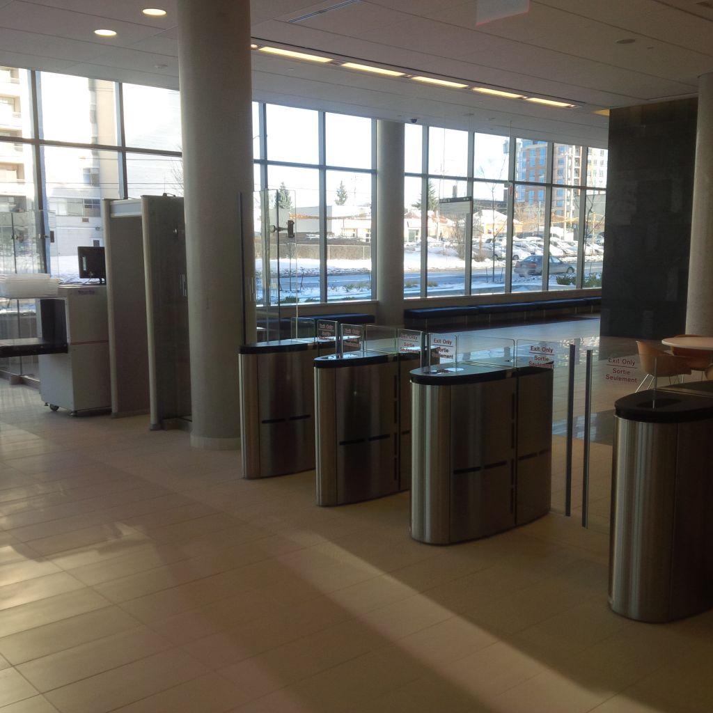 The turnstile entrance in the lobby of the FSCC facility is shown here.