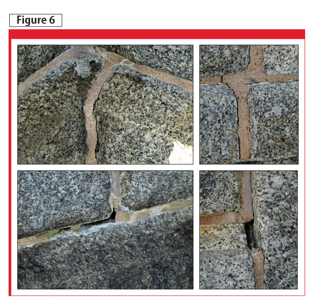 Examples of deteriorated joints between granite masonry units.