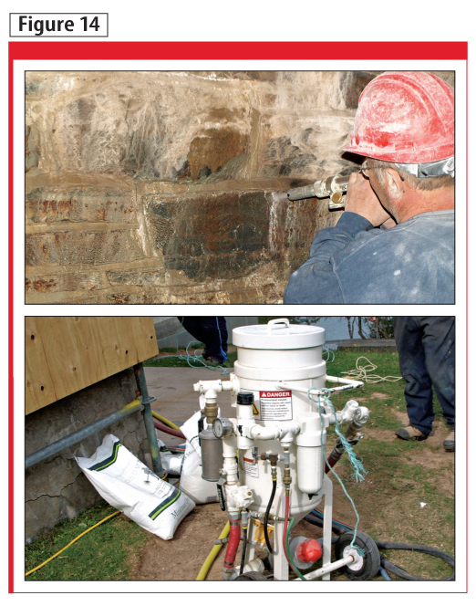 The cleaning equipment and abrasive materials for lime deposit removal trials are shown at the top. Evaluating minimum pump pressures and grade of abrasive medium is depicted in the photo at the bottom.