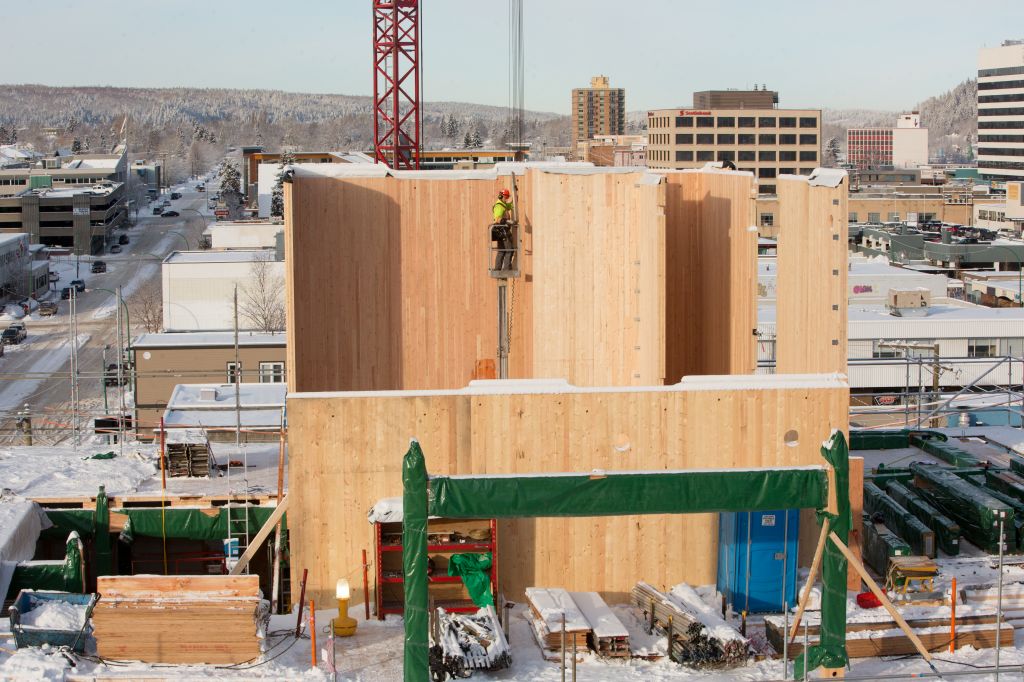 The WIDC’s all-wood central core houses two elevator shafts, two accordion stairways, and shafts for mechanical services.