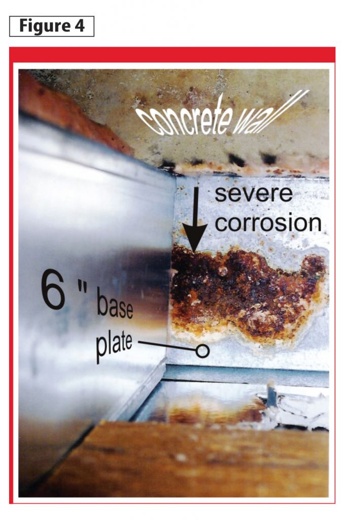 When the back wall cavity was opened for inspection it was noted water had pooled on the bottom track of steel stud resulting in corrosion. This is a clear indication of condensate run off from concrete wall.