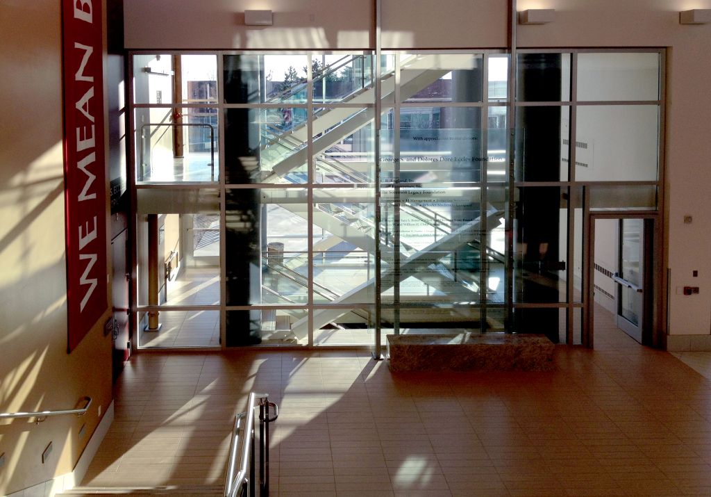 Fire-resistive glass and framing delivers both maximum fire protection and transparency to this two-hour exit enclosure.