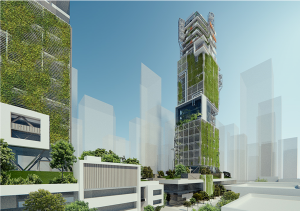 This image shows an example of an eco-effective, high-rise building prototype. Image courtesy DIALOG