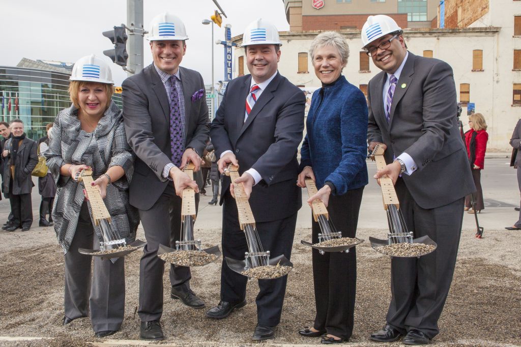 NMC honourary patron Anne Murray (second from right) poses with Alberta Culture Minister Heather Klimchuk, NMC CEO Andrew Mosker, federal Citizenship, Immigration, and Multiculturalism Minister Jason Kenney, and Calgary’s mayor, Naheed Nenshi, at the building’s ground-breaking ceremony. Photo © Leblond Studio Inc. Photo courtesy NMC