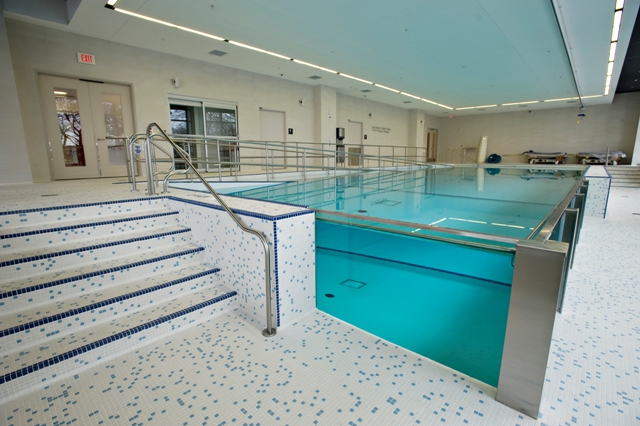 Therapy and rehabilitation space was doubled in the hospital’s new design and a large in-ground pool was installed. 