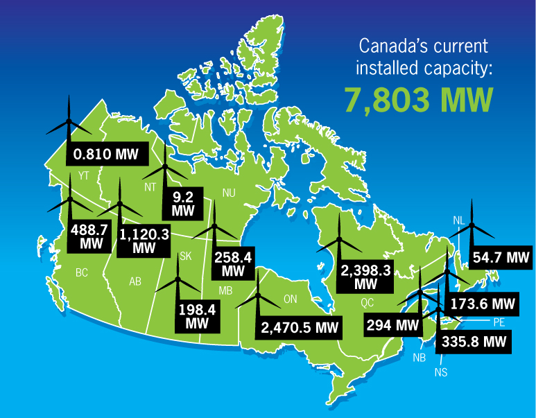 This map shows Canada’s total wind energy installed capacity. 