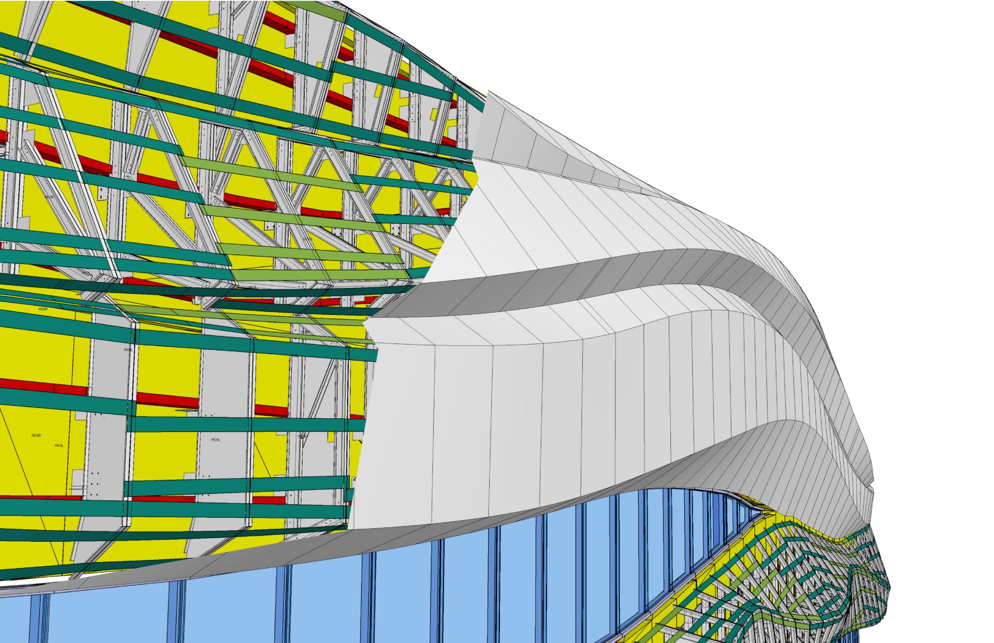 The ribbons were designed to control solar heat gain and harvest natural light. They meet the understandably stringent viewing requirements for air-traffi c controllers watching both the tarmac and the sky. Images courtesy Gehry Technologies