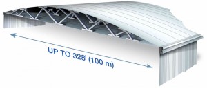 The frameless building features a curvy, convex-style roof. The lightweight strut system separates the roof and ceiling and provides partial load stability.