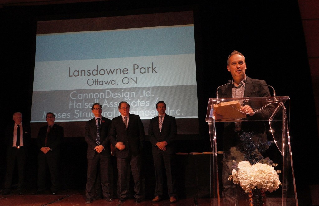 Daniel Soleski, associate vice-president of Cannon Design Ltd., accepts an award for the wood veil at Lansdowne Park in Ottawa—home to the Canadian Football League’s (CFL’s) Ottawa Redblacks. The award was for commercial/institutional building projects over $10 million. Photo courtesy Don Proctor