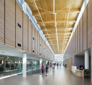 The facility’s ceiling is a combination of tongue-and-groove wood decking and fir glued-laminated timber (glulam) beams.