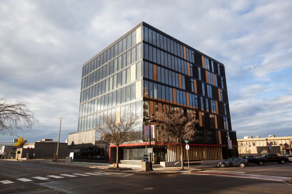 At six-storeys Prince George, B.C.’s Wood Innovation and Design Centre (WIDC) is the tallest wood building in the city. Photo courtesy Naturally Wood