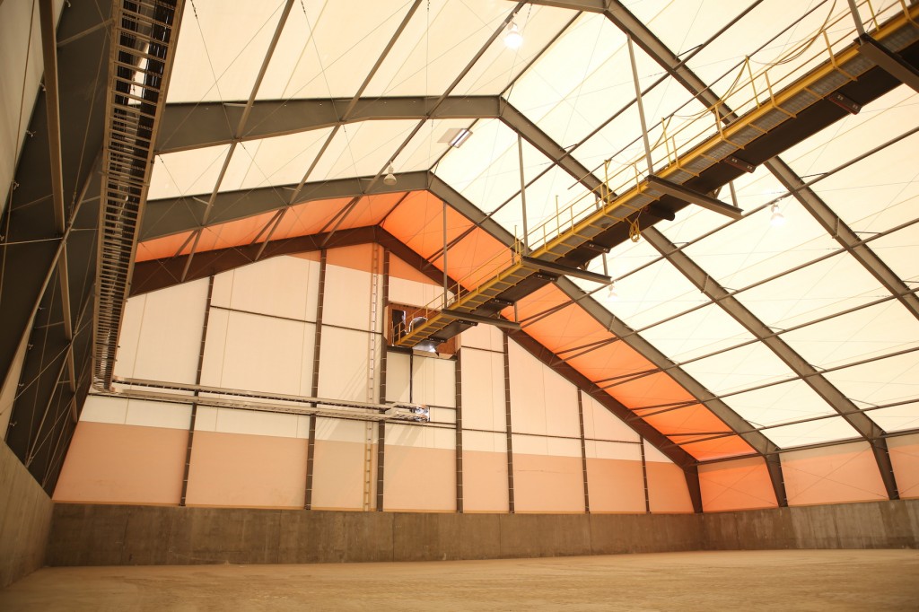 A new frac sand distribution facility in Wembley, Alta., features a tension fabric building with polyethylene roof panels. All photos courtesy Legacy Building Solutions