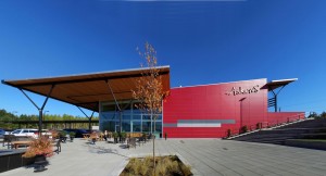 The plaza at the store’s west end has the slope from the street level (right) to the entrance level.