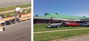 Ventilation considerations are crucial for sloped roofs, whether standing-seam metal or shingled. This eave vent facilitates air intake below the rake edge of the roof to execute an engineered ventilation system for the Macon County Health Department. At right, the roofing contractor loaded these panels on the roof for installation; the products were installed at the specified 51 mm (2 in.) of air space.