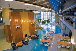 The two-storey public atrium is one of the many additions to the building, incorporating innovative, green design. 