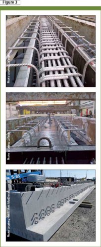 Top: A view of the steel congestion inside T-beam. Middle: The T-beam steel form has been filled with UHPC. Bottom: T-beam prior to installation.