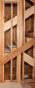 This photo shows structural composite lumber (SCL) headers and beams in a staircase stringer.