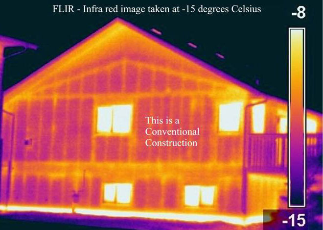 This thermal image demonstrates the moisture content in a conventional building at –15 C (5 F). Image © Buildingscience.com