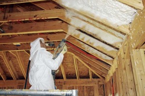 SPF being applied to the underside of a home’s roof deck.