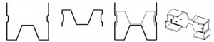 This drawing, taken from International Code Council Evaluation Service (ICC-ES) Evaluation Report ESR-1765, shows cross-sections of a manufactured multi-bend header system. From left to right, there is a multi-bend header, multi-bend stiffening insert, header with insert in place, and a mating attachment clip. Two clips are installed first, then the multi-bend header snaps into place around them, the stiffening insert is added (if required), and the header assembly is secured with screws. Image courtesy ICC-ES