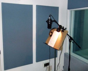 This vocal booth has been treated to produce a precise acoustical environment, minimizing ambient noise and maximizing speech clarity.