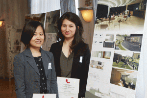 YingFang Zhu (left) and Jenifer Solorzano (right) standing beside their winning entry, at CSC's Connections Café, last May. All photos courtesy Langen Studios.