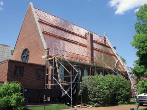 Installing Rauten (interlocking) copper tiles on Bibb Chapel, at the Episcopal Church of Nativity in Alabama.