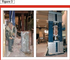 Glass fibre-reinforced polymer (GFRP)-wrapped brick column testing is being performed at the University of Calgary.