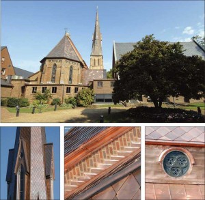 Left: A major feature of this steeple are four dormer windows, custom-made to match the originals. Centre: Specifying the materials is only one step in historical preservation. Choosing craftsmen who understand quality installation is also key, as shown in the crafting of this step flashing. Right: Custom-crafted in copper, the specialized architectural details like this eyebrow window can be exact replicas of the original.