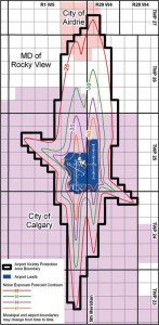 A map showing the lands in the Calgary International Airport vicinity protection area and the noise exposure forecast (NEF) contour lines. Image courtesy Calgary AVPA Regulation 2009