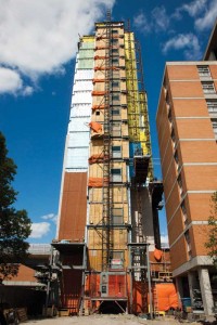 The west tower of the U of M student residence will be joined to the east tower by a 61-m (200-ft) span. Photo courtesy Alpha Masonry