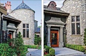 The house features hand-carved natural stone for the window trims, entranceway, and moldings. Sandstone tile was also used for the entranceway and natural stone for the wall cladding. Photos courtesy New Castle Stoneworks