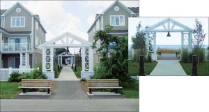 Designed with electrical conduit and aluminum tubular beam laminated inside, this PVC trellis creates a defined entrance for a beachside community on the shores of Lake Ontario. It supports beautiful, but heavy, lights and is accented with nautical lattice and plinth boxes. The trellis was also designed for exposure to the very high winds and harsh weather conditions, considering its lakeside locale.