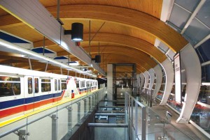 Wood can be used in transportation facilities, such as Brentwood Skytrain Station in Burnaby B.C., as it creates warmth for the environment.