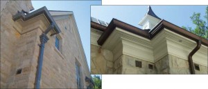 PVC soffit and fascia coated with stucco paint. The components are impervious to moisture, do not rot, and are resistant to mould, insects, and most chemicals.