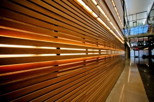 The wood separating wall in the Fort Dufferin dorm is allows light to permeate the slats while maintaining an earthy esthetic. 