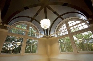 In South Carolina, Winthrop University’s Carroll Hall showcases a unique suspended, segmented, vaulted metal ceiling system. Photo courtesy Pepple Photography and Rockfon 