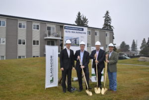 A groundbreaking ceremony for Westgate Manor was held this fall. The Edmonton apartment rental agency will be the first in the city to make use of modular building construction incorporating repurposed shipping containers. Photo courtesy Ladacor