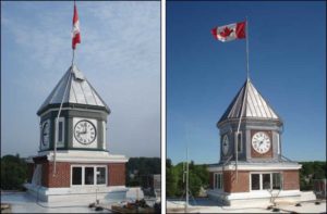 The original tower and the restored structure (right).