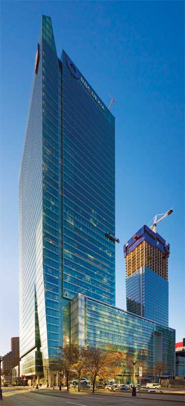 A mockup viewed at ground level might still appear somewhat different from the completed glazing curtain wall 30 stories above the ground. Shown is the RBC Centre in Toronto. Photo © Tom Arban Photography