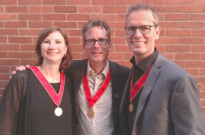 Susan Gushe and David Dove congratulate Ryan Bragg (middle), principal at Perkins+Will, on his induction into the Royal Architectural Institute of Canada’s (RAIC’s) College of Fellows, class of 2018. Photo courtesy Perkins+Will